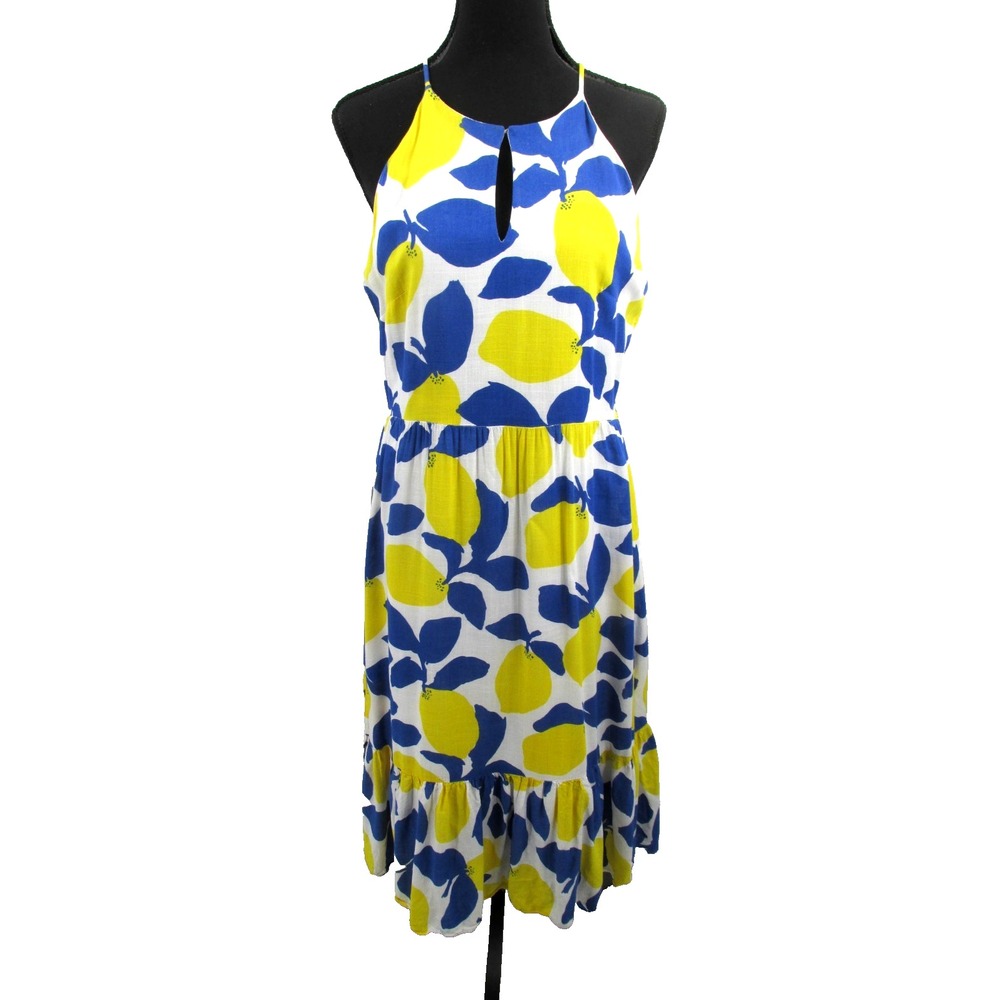 LOFT Women 8 Maxi Halter Dress Blue Yellow Lemon Fruit Linen Blend Ruffle Boho